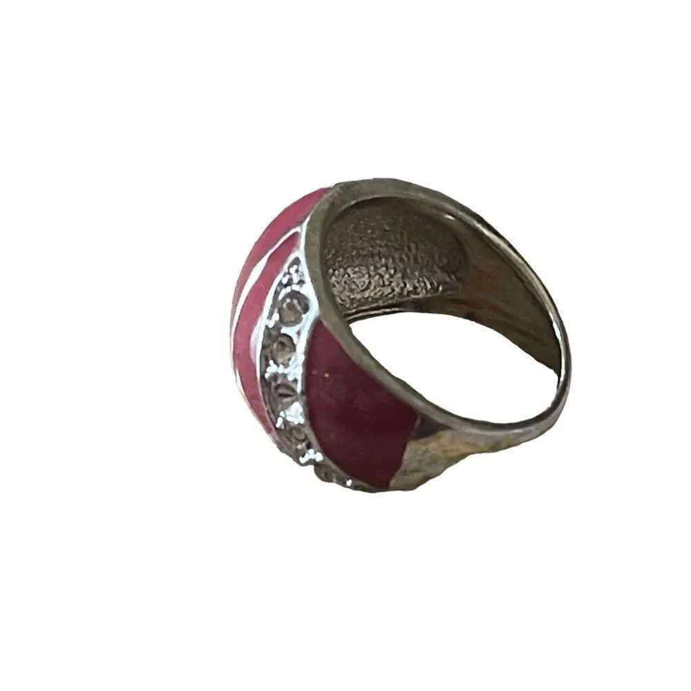 NWOT dark red enamel rhinestone silver tone ring US size 8